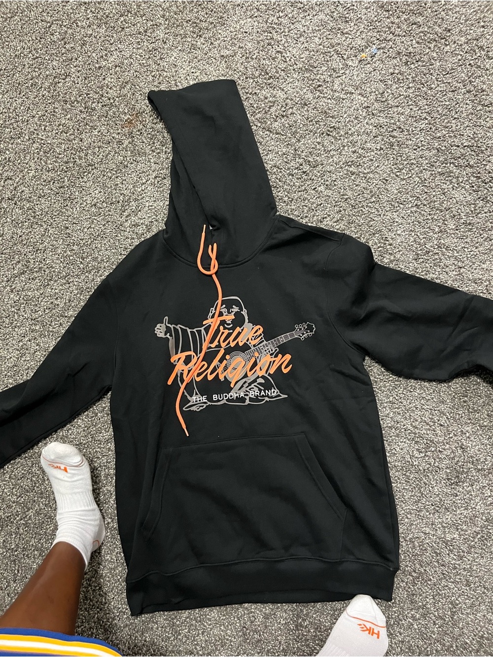 True Religion Black Hoodie with Orange Logo & Drawstring